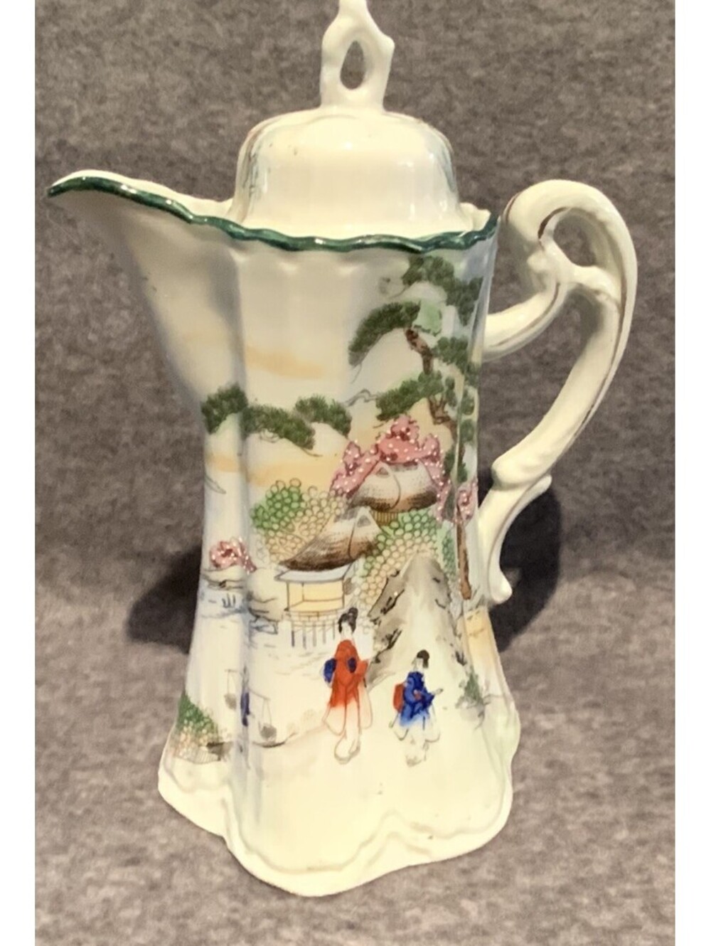 Antique Nippon (Japanese) Hand-Painted 9.25”H Porcelain Chocolate Pot with Lid